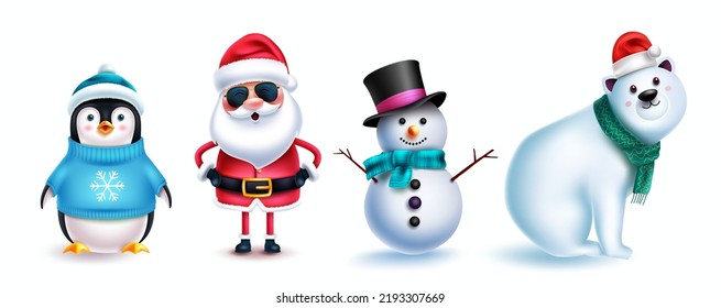 Christmas character vector set design. Santa claus, penguin, polar bear and snowman characters isolated in white background for xmas holiday season collection. Vector illustration.
