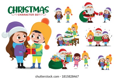 Juego de vectores de caracteres de Navidad. Personajes de navidad de navidad en el diseño de la colección de actividades de navidad aislados en fondo blanco. Ilustración del vector