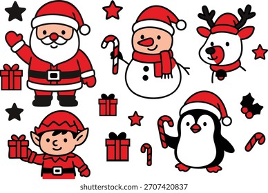 Christmas Character Vector Set with Santa Snowman Reindeer Elf and Penguin in Two Color Style