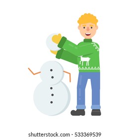 Christmas character young man in green jumper with deer sculpts snowman in flat cartoon style