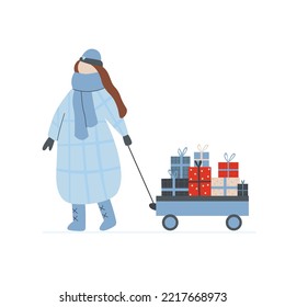 Christmas character.A girl in winter clothes is carrying gifts on a cart. Simple vector flat illustration.
