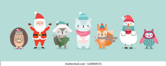 Christmas characters - animals, snowmen, Santa Claus. Cute Woodland characters, bear, wolf, hedgehog, owl and squirrel. Vector illustration.