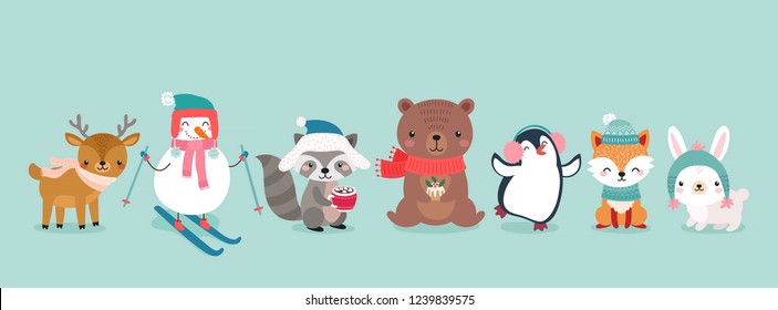 Christmas characters - animals, snowmen, Santa Claus. Cute Woodland characters, bear, fox, raccoon, deer, penguin and rabbit. Vector illustration.