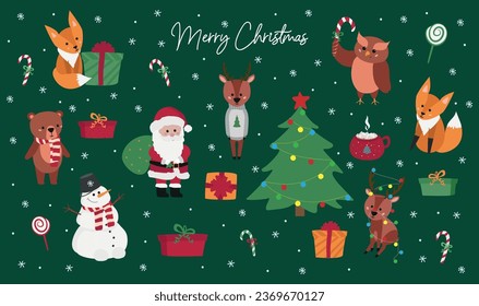 
Christmas characters. 
Animals, snowmen, Santa Claus. Cute Forest characters, bear, owl, fox, deer. Vector illustration.