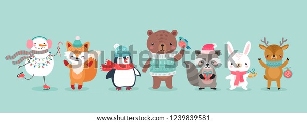 クリスマスキャラクター 動物 雪だるま サンタクロース かわいい木こりのキャラクター クマ キツネ アライグマ ハリネズミ ペンギン リス ベクターイラスト のベクター画像素材 ロイヤリティフリー