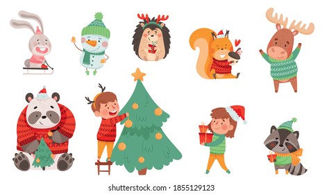 Christmas Characters with Animals Wearing Knitted Scarf and Sweater and Snowman Vector Set