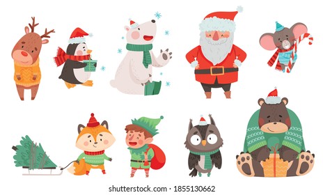 Christmas Characters with Animals Wearing Knitted Scarf and Sweater and Santa Claus Vector Set