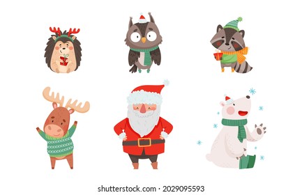 Christmas Characters with Animals Wearing Knitted Scarf and Sweater and Santa Claus Vector Set