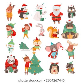 Christmas Characters with Animals Wearing Knitted Scarf and Sweater and Santa Claus Big Vector Set