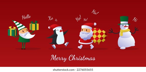 Christmas characters banner. Santa claus, snowman and penguin with gifts. Design element for invitation or greeting card. New Year and winter season holidays. Cartoon flat vector illustration