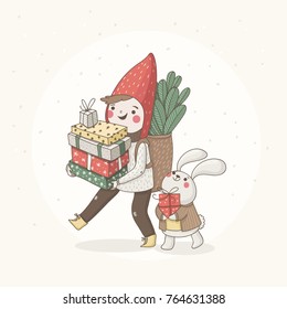 Christmas characters Boy and Rabbit are holding corolful gifts, isolated on light background. 