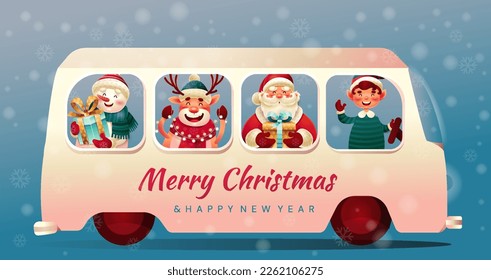 Christmas characters in car. Santa claus, snowman, deer and elf in vehicle and transport. Winter holiday and New Year, traditional festival. Design for greeting card. Cartoon flat vector illustration