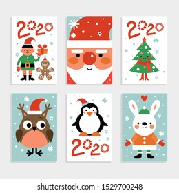 Christmas characters card set. Santa, penguin and fir-tree, white rabbit and owl, elf with gift. 2020 new year party vector invitation