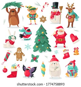 Christmas characters. Cartoon animals bullfinch, bear, rabbit and penguin, xmas gift. Santa and snowman, holiday tree, elf and deer new year vector isolated set