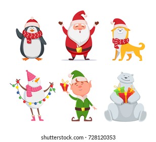 Christmas characters in cartoon style. Santa, yellow dog, elf. Penguin and snowman. Holiday cute bear and santa claus. Vector illustration