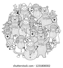 Christmas characters circle shape pattern for coloring book. Vector illustration