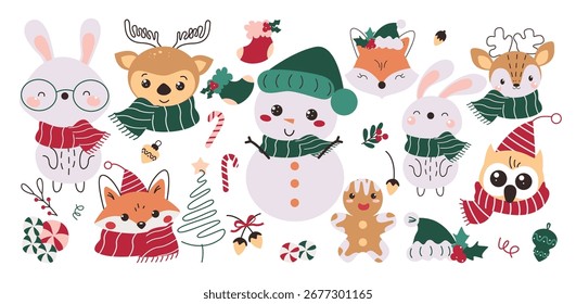 Conjunto de Clipart de caracteres de Navidades. Navidades Personajes y Navidades Elementos Clip arte doodle animales simbolo decoración con cara linda y feliz temporada de vacaciones colección Ilustración vectorial.