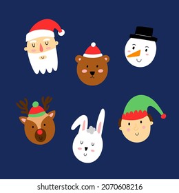 Christmas characters. Cute xmas portraits, Canta Claus and snowman, Rudolf deer and elf, winter bear and rabbit, funny decor faces, postcard, print or poster vector cartoon isolated set