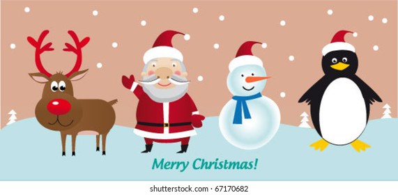 Christmas characters - Deer Rudolf, Santa Claus, Snowman, Penguin. Vector illustration