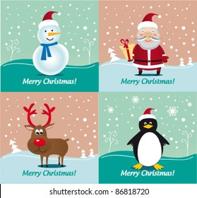 Christmas Characters - Deer Rudolf, Santa Claus, Snowman, Penguin. Vector Illustration. Special Pack.