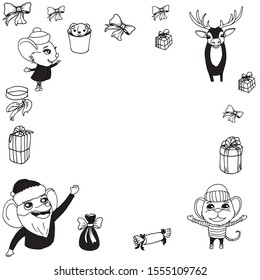  
Christmas characters and doodle elements with place for text in the center.