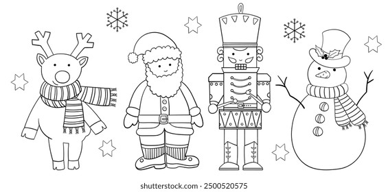 Christmas characters doodle set. Hand drawn cute icons of Santa, reindeer, Nutcracker and snowman. Elements for coloring books, stamps, invitations, etc. Vector illustration.