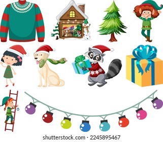 Caracteres y elementos de Navidad establecen la ilustración