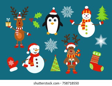  Christmas  characters, elements and symbols. Xmas reindeer, snowman, penguin, snowflakes.  New Year decorations. Flat  design  vector  illustration.
