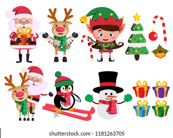 Christmas characters and elements vector set with santa claus, reindeer, elf and snowman holding christmas objects in white background.Vector illustration.
