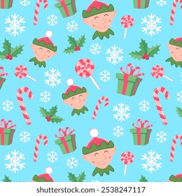 Christmas characters endless pattern. Elf, snowflake, presents, candies