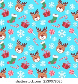 Christmas characters endless pattern. Reindeer, snowflake, presents, candies