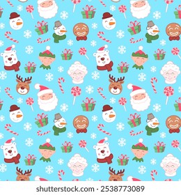 Christmas characters endless pattern. Santa, snowman, deer, Mrs. Claus