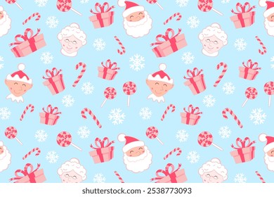 Christmas characters endless pattern. Santa, elf, Mrs. Claus