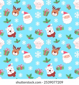 Christmas characters endless pattern. Santa, bear, deer, Mrs. Claus