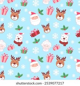 Christmas characters endless pattern. Santa, bear, deer, Mrs. Claus