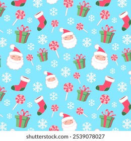 Christmas characters endless pattern. Santa, snowflake, presents, candies