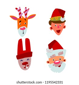 Christmas characters faces set. Vector illustration of funny cartoon different Santa helpers with costumes elements. Holiday flat symbols for cards, banners, posters, web pages decor.