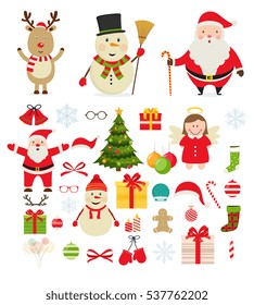 Christmas characters and festive new year decorations. Santa Claus, snowman, reindeer, decorations for Christmas trees, gifts.
