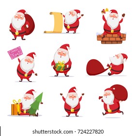 Christmas characters of funny santa in dynamic poses. Vector mascot design in cartoon style. Christmas santa claus, happy pose cartoon illustration