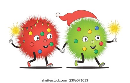 Christmas characters with garlands and sparklers in hand. Cute New Year's fluffy trees in red hat with legs and arms holding hands.