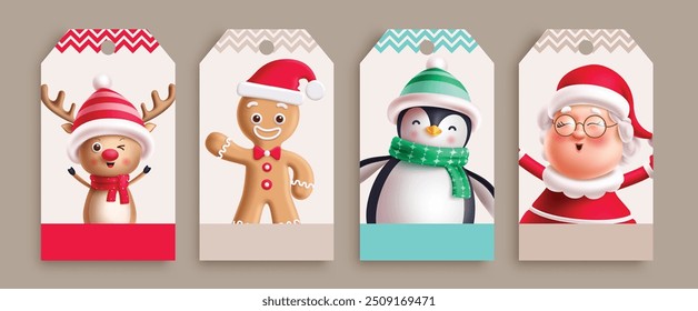 Christmas characters gift tags vector set design. Characters gift card collection like mrs claus, reindeer, ginger bread and penguin cute mascot holiday tags. Vector illustration seasonal tags 