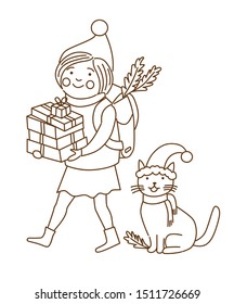 Christmas characters Girl and cat are holding corolful gifts, isolated on light background. Vector illustration