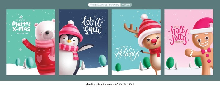 Navidades personajes tarjeta de felicitación Vector poster set. Carácter oso polar, pingüino, reno y pan de jengibre tarjetas de Navidad colección para las estaciones de diseño de saludo. vacaciones de Ilustración vectorial 