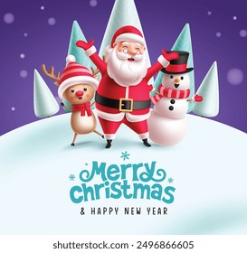 Christmas characters greeting card vector design. Merry crhistmas and happy new year greeting text with santa claus waving, cute reindeer and friendly snowman character in snow winter background. 