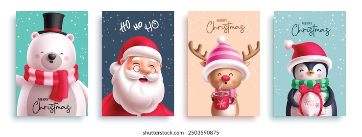 Navidades Personajes Tarjeta de felicitación Vector Set Design. Tarjeta de felicitación de Navidades con Santa Claus, oso polar, reno y pingüino personaje para la colección de etiquetas de regalo de Navidad. feriado de Ilustración vectorial 