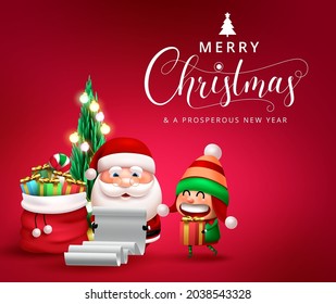 Christmas characters greeting vector design. Merry christmas text with cute santa claus and elf character reading letter and holding gifts for xmas giving season. Vector illustration.
