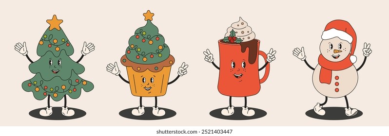 Christmas characters in groovy hippy style. Christmas tree, cupcake with winter holidays deco, coco, hot chocolate mug, snowman. For greeting cards, party invitation, banners.