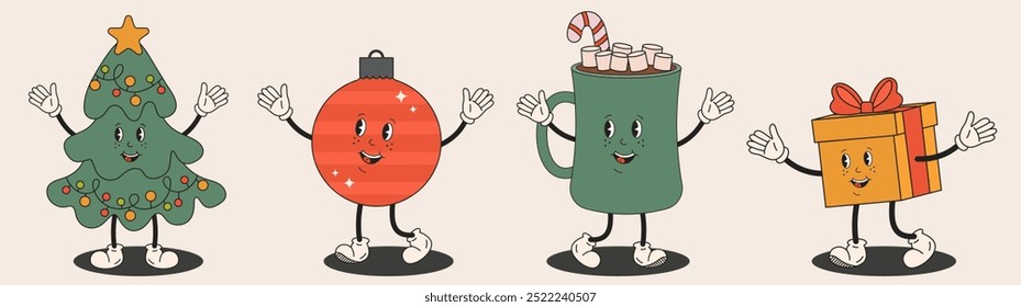 Christmas characters in groovy retro style. Hippy Christmas tree, bubble, Hot chocolate mug, gift with winter holidays decoration. For greeting cards, party invitation, banners.