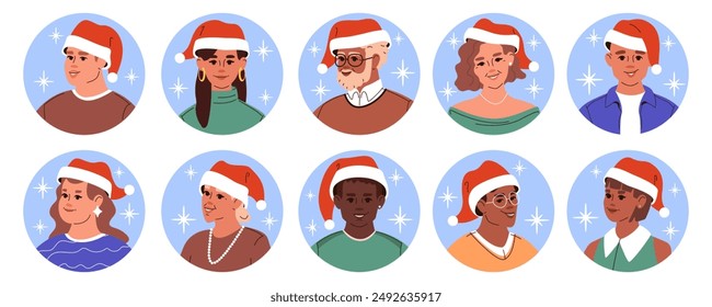 Navidades personajes retratos de cabeza conjunto. Multirracial, personas de diferentes edades en sombrero de navidad. Diversos avatares multiétnicos masculinos y femeninos. Iconos de perfil de usuario redondos planos de Vector aislados sobre fondo blanco.