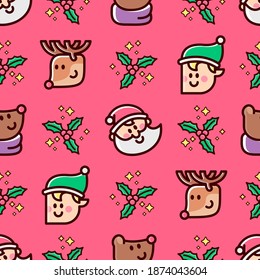 CHRISTMAS CHARACTERS HEAD SANTA ELF BEAR AND REINDEER SEAMLESS PATTERN IN RED BACKGROUND